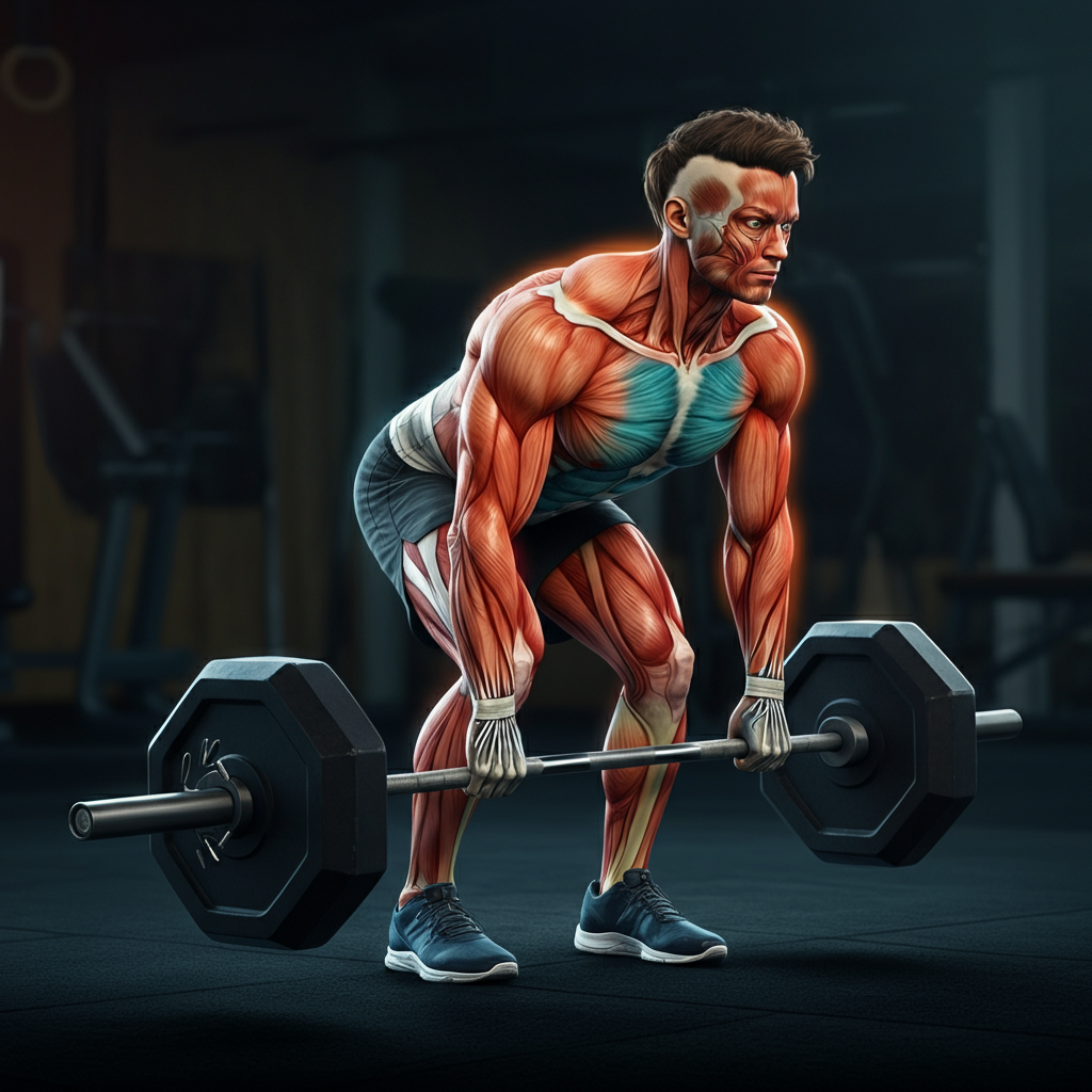 The image is a 3D illustration of a man performing a barbell squat exercise