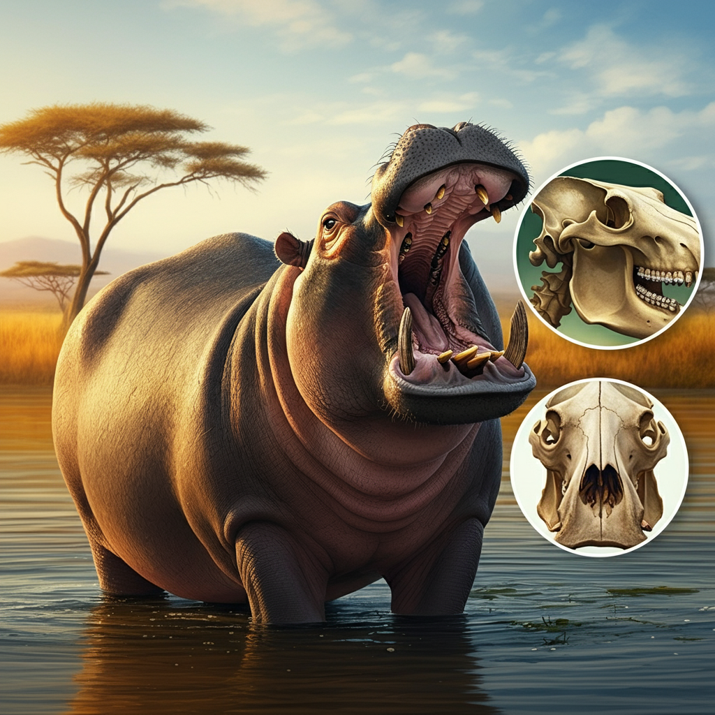 Hippo open face and showing hippo Tooth -Hippo Skull7.107Z Hippo open face and showing hippo Tooth -Hippo Skull